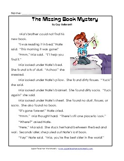 The Missing Book Mystery  1st Grade Reading Comprehension Worksheet