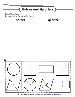 Cut and Glue: Halves and Quarters Fractions Worksheet