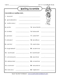 Word Scramble (E-21) Spelling E Worksheet