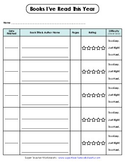 Reading Log w/ Difficulty Rating and Star Rating Worksheet