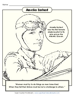 Amelia Earhart - Coloring Womens History Worksheet