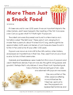 History of Popcorn Reading Comprehension Worksheet