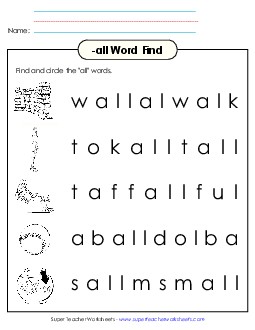 Circle the Words (-all) Word Families Worksheet