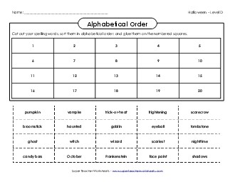 ABC Order: Cut and Glue (D-Halloween)  Spelling D Worksheet