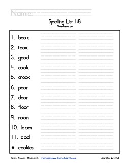 Spelling List: OO Words (Grade 2) Free Worksheet