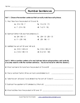 Writing Number Sentences Order Of Operations Worksheet