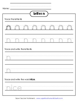 Lowercase n (Dotted Lines) Printing Worksheet