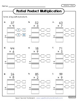 Write Out the Factors (Partial Products: 2-Digit by 1-Digit) Multiplication Worksheet