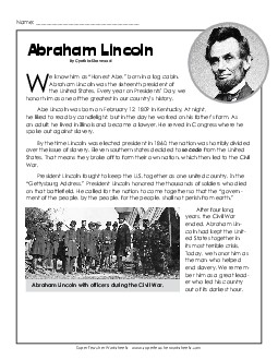 Abraham Lincoln (Biography) 4th Grade Reading Comprehension Worksheet