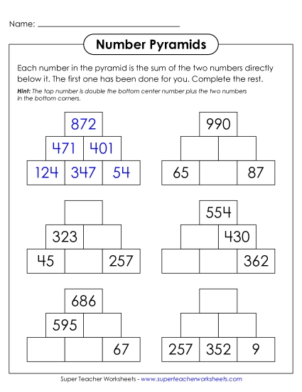 New Number Pyramids (3-Digit, 3 Rows) Worksheet New Number Pyramids (3-Digit, 3 Rows) Worksheet