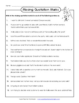 Add Missing Quotation Marks  3rd Grade 3rd Grade ELA Worksheet