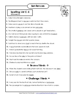 Spelling Test Sentences (C-5) Spelling C Worksheet