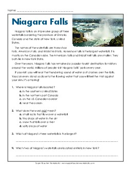 Niagara Falls 5th Grade Reading Comprehension Reading Comp Short Worksheet