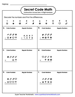 Secret Code Math: 4-Digit Subtraction Across Zero Worksheet