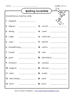 Unscramble the Spelling Words (D-5)  Spelling D Worksheet