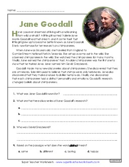 Jane Goodall 4th Grade Reading Comprehension Reading Comp Short Worksheet