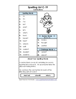 Spelling List C-19 Spelling C Worksheet