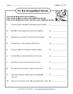 Fix the Misspelled Words (C-28) Spelling C Worksheet