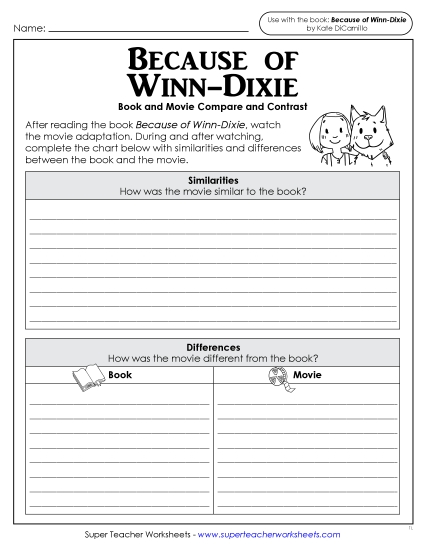 New Because of Winn-Dixie<br>Movie-Book Compare & Contrast Worksheet New Because of Winn-Dixie<br>Movie-Book Compare & Contrast Worksheet