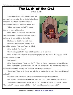 The Luck of the Owl (Fiction) 3rd Grade Reading Comprehension Worksheet