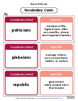 Vocabulary Cards: Ancient Rome 6th Grade Social Studies Worksheet