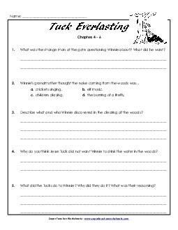 Questions for Chapters 4-6 Book Tuck Everlasting Worksheet