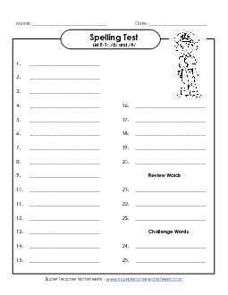 Spelling Test (E-1) Free Spelling E Worksheet