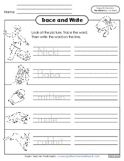 Trace and Write: Words Picture Book Mitten Worksheet