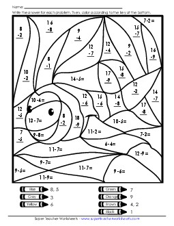 Subtraction Mystery Picture: Clownfish Worksheet