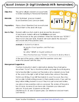 Scoot! Game: 3-Digit Dividends with Remainders Division Worksheet