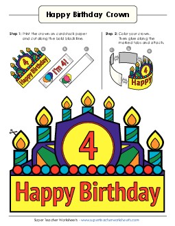 Birthday Crown: Age 4 (Full Color) Worksheet