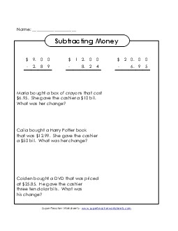 Subtracting Money & Making Change Subtraction Worksheet