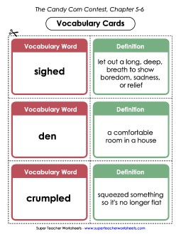 Vocabulary Cards for Chapters 5-6 Book Candy Corn Contest Worksheet