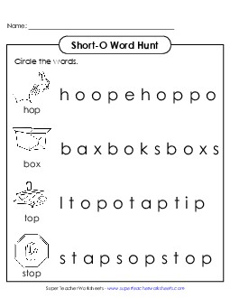 Short O: Horizontal Word Hunt (Illustrated) Phonics Long Short O Worksheet