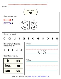 Worksheet 4: As Sight Words Individual Worksheet