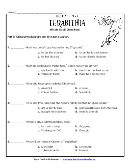 Whole Book Questions Book Bridge To Terabithia Worksheet