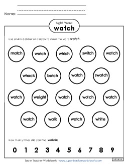 Dab or Color: Watch Sight Words Individual Worksheet