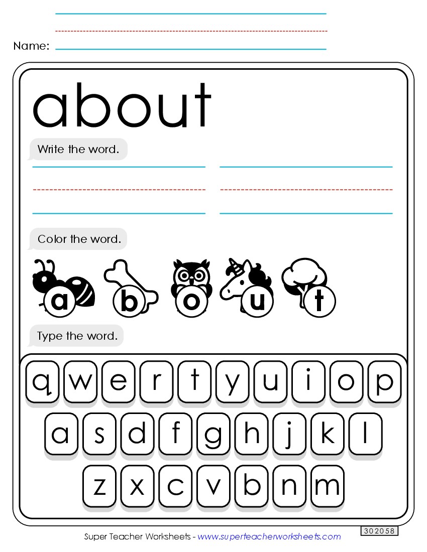 Write, Color, Type: About Sight Words Individual Worksheet