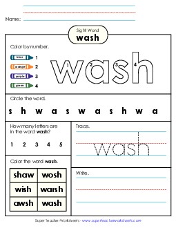 Worksheet 4: Wash Sight Words Individual Worksheet