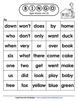 Sight Word Bingo (Unit 23) Sight Words Worksheet