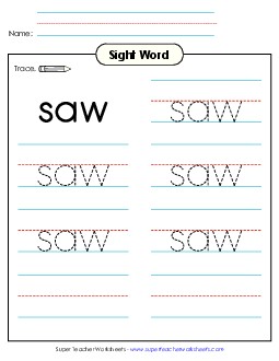 Trace the Word: Saw Sight Words Individual Worksheet