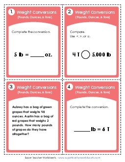 Task Cards:  Converting Pounds, Ounces, and Tons Measurement Worksheet