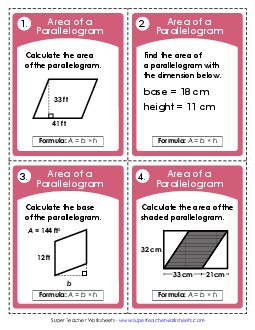 Task Cards: Areas of Parallelograms (Intermediate) Worksheet