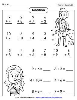 Basic Addition Facts: Seashells Worksheet