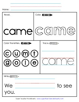 Worksheet 1: Came Sight Words Individual Worksheet