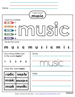 Worksheet 4: Music Free Sight Words Individual Worksheet