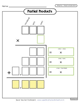 Partial Products Outline (3-Digit by 1-Digit) Multiplication Worksheet