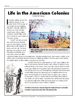 Article: Life in the American Colonies 4th Grade Reading Comprehension 4th Grade Social Studies Worksheet