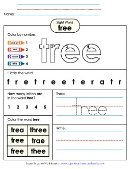 Worksheet 4: Tree Sight Words Individual Worksheet