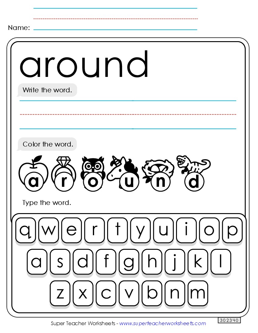 Write, Color, Type: Around Sight Words Individual Worksheet